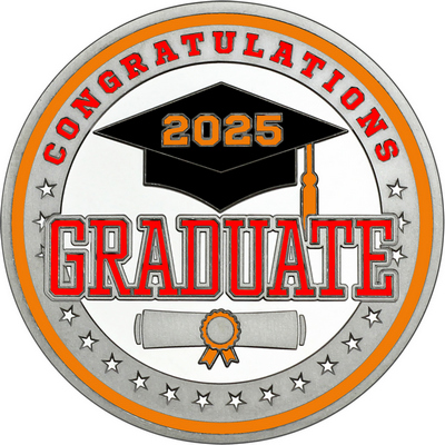 Red "Congratulations Graduate" with Orange 2025, Rim, Tassel & Ribbon